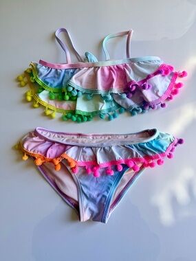 Girls Rainbow Pom-Pom Bikini Set - Multicolor
